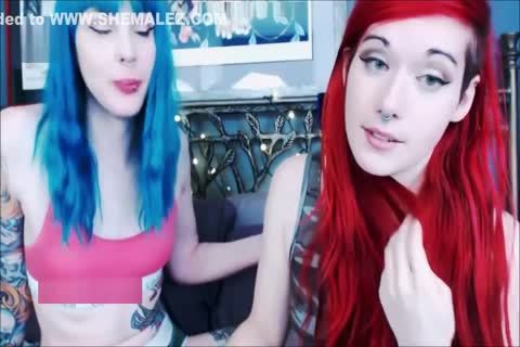 Blue Hair Emo shemale nailing Her lesbo ally On cam