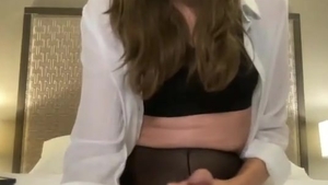 skinny brunette hair American tranny In darksome pantyhose Strokes Her enormous penis