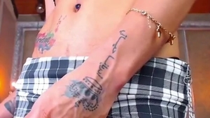 slim latina Transgirl With Tattoos Jerks Off Her big cock